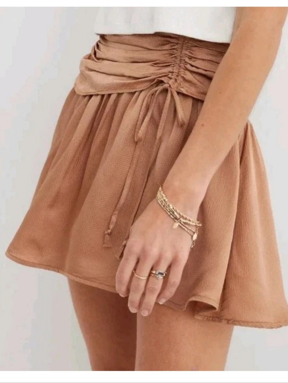 Aerie Women’s Drawstring Ruched Mini Skirt in Warm Tan Satin Sz L
